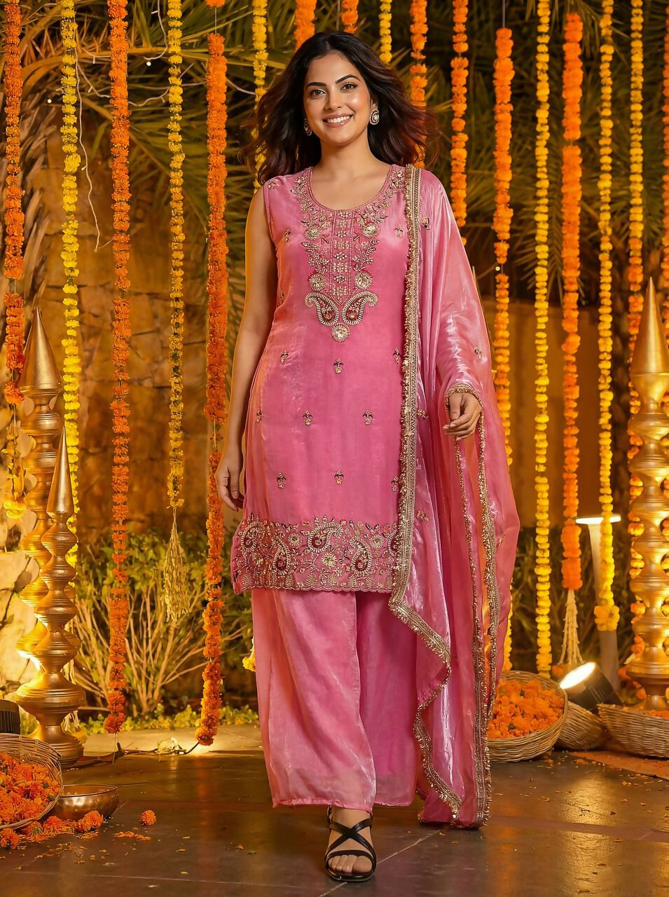 Teeya Creation Pink Fendy Silk Beads Work Designer Wedding Wear Salwar Suit | Grocsy