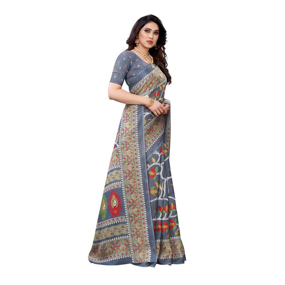 Vamika Printed Jute Silk Grey Saree (Rishika Grey) | Grocsy