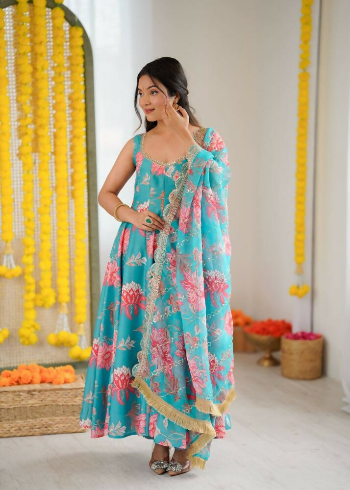 Teeya Creation Blue Pure Muslin Silk Digital Print Traditional Wear Long Gown | Grocsy