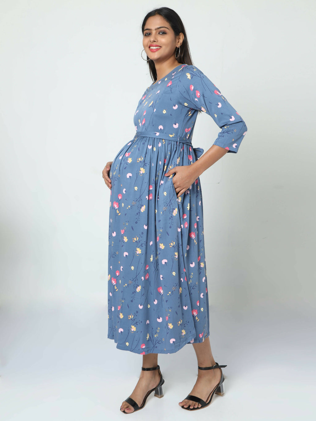 Manet Three Fourth Maternity Dress Floral Print With Concealed Zipper Nursing Access - Dark Grey | Grocsy