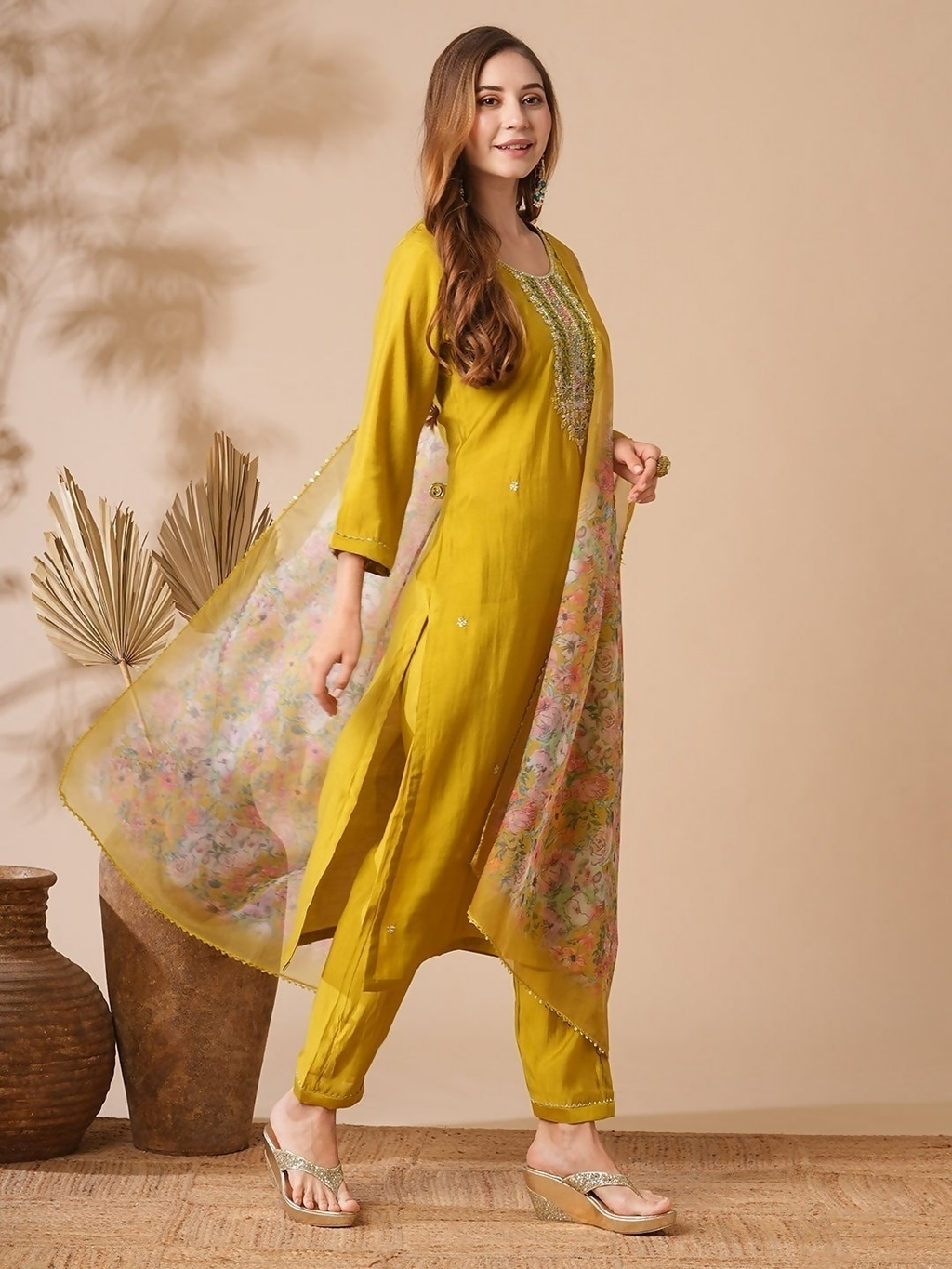 The52 Women's Beautiful Viscose Chanderi Fabric Embroidery Work Straight Kurta Pant and Dupatta Set | Grocsy
