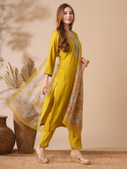The52 Women's Beautiful Viscose Chanderi Fabric Embroidery Work Straight Kurta Pant and Dupatta Set | Grocsy