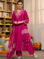 The52 Women's Beautiful Viscose Silk Fabric Embroidery Work A-Line Kurta Pant and Dupatta Set | Grocsy