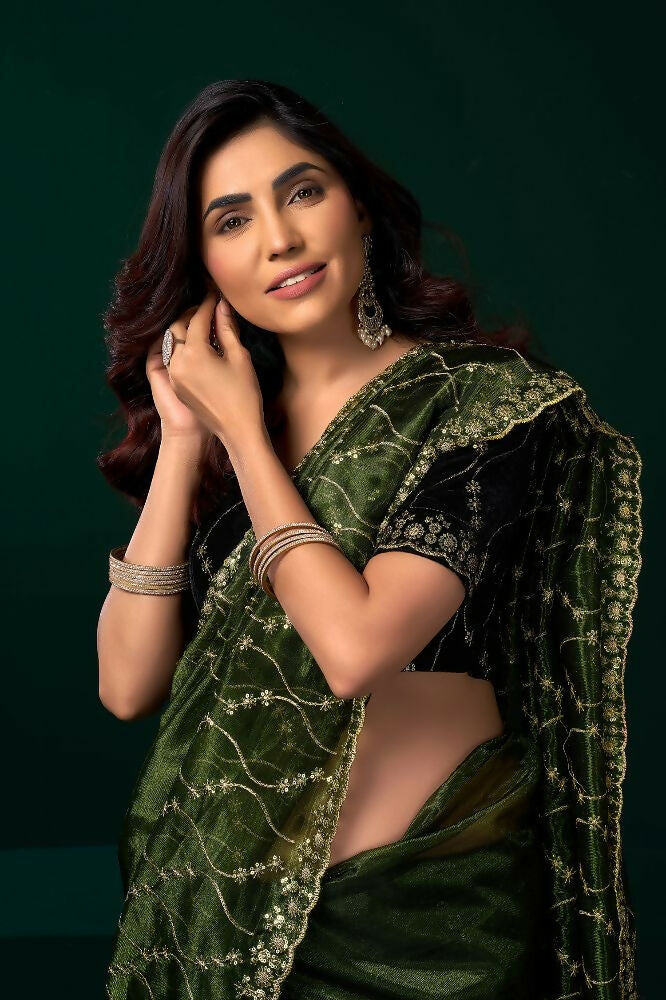 Joban Fashion Green Net Party Wear Sarees | Grocsy