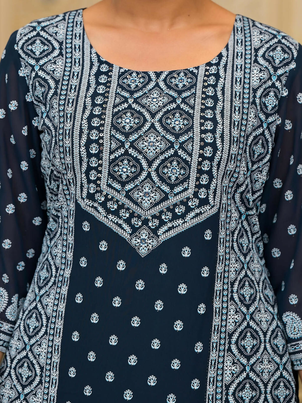 Juniper Women's Navy Ethnic Motif Printed Georgette Kurta Pant And Dupatta Set With Sequins & Beads | Grocsy