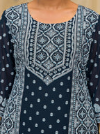 Juniper Women's Navy Ethnic Motif Printed Georgette Kurta Pant And Dupatta Set With Sequins & Beads | Grocsy