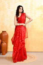 Piyari Fashion Women's Red Embellished Cotton Blend Jamdani Saree | Grocsy