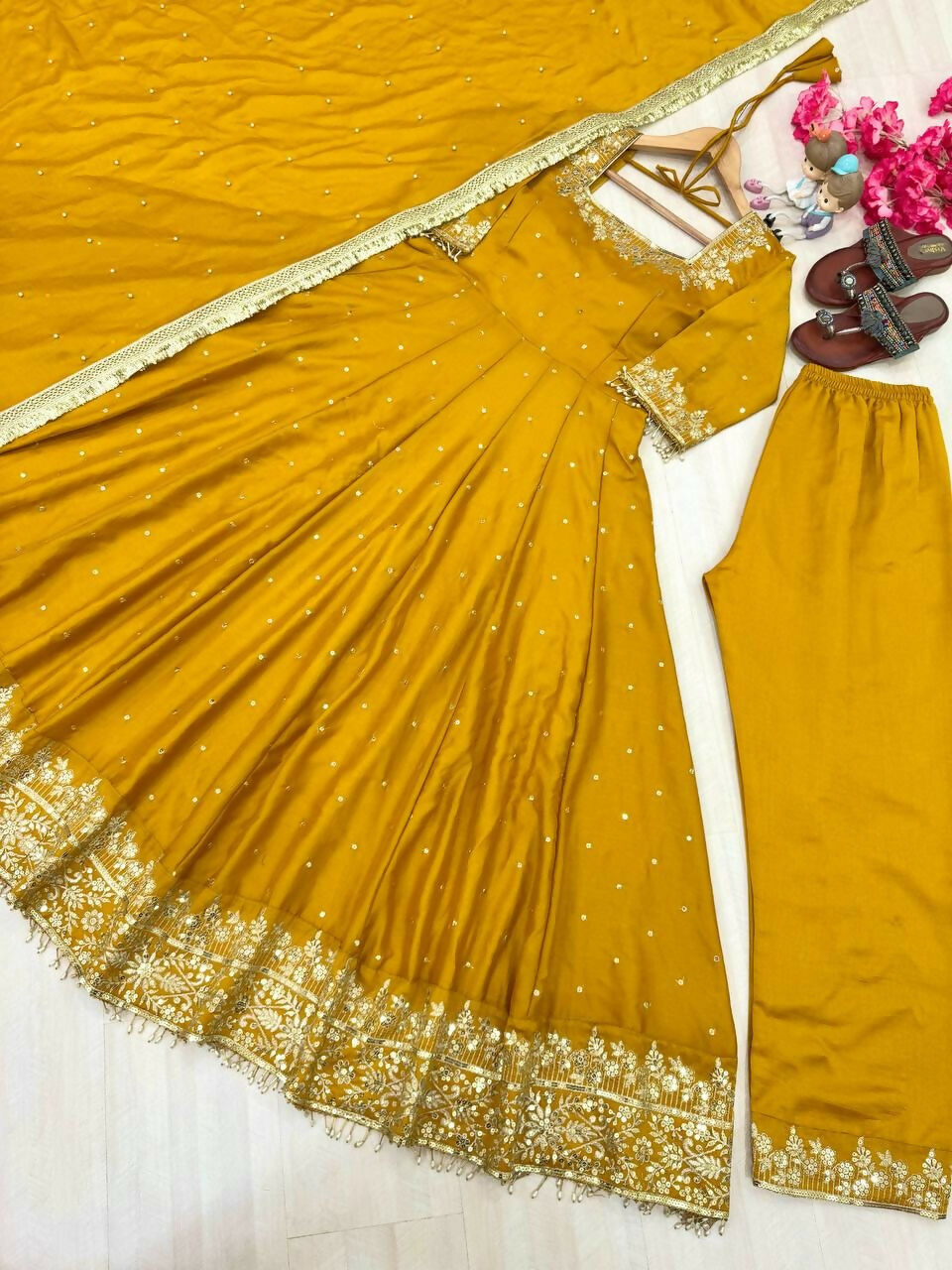 Teeya Creation Yellow Color Pure Vichitra Silk Embroidery Work Party Wear Gown | Grocsy