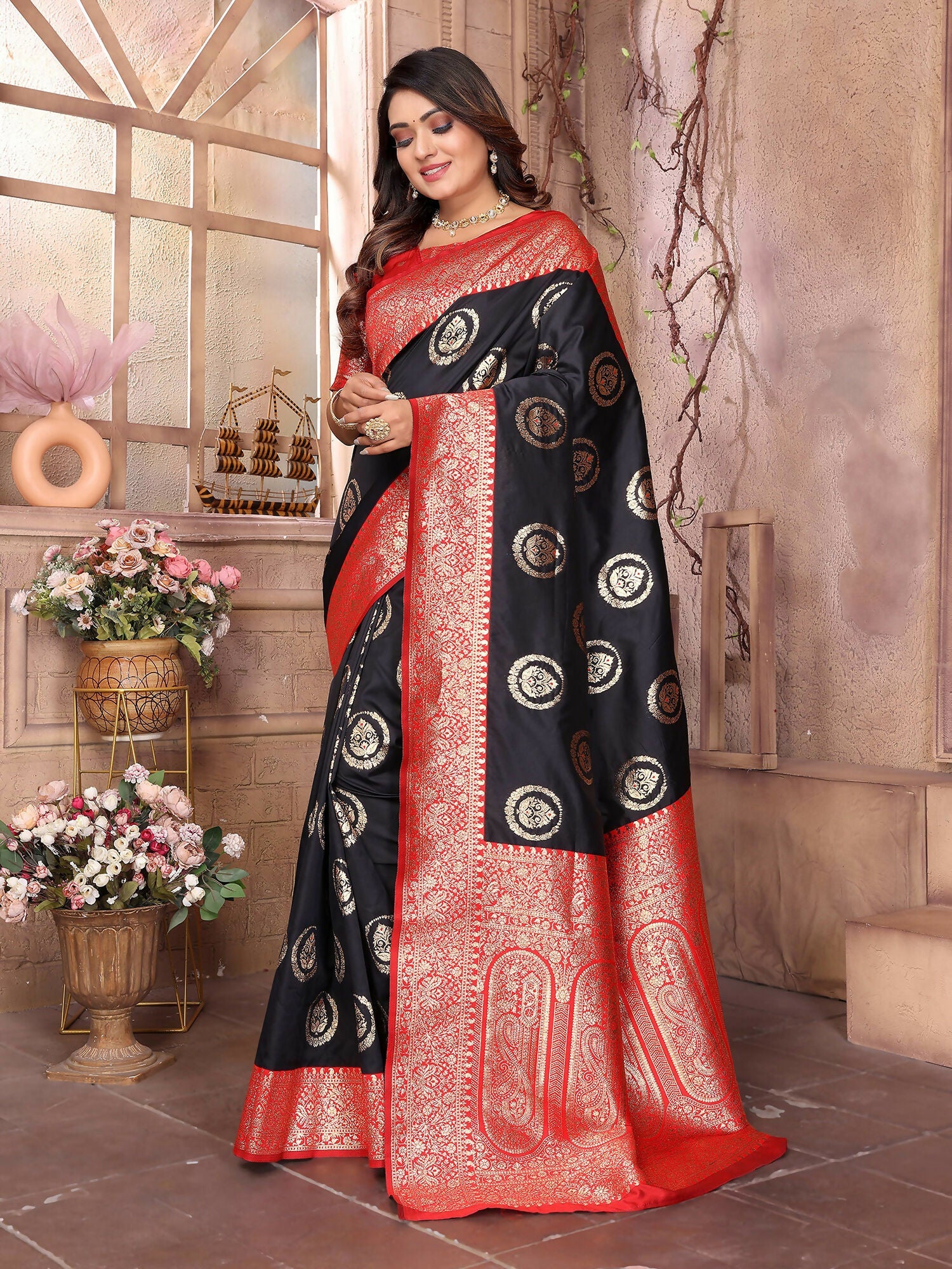 Joban Fashion Black Banarasi Soft Silk Woven Saree | Grocsy