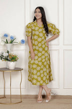 Miravan Women'S Yellow Printed Puff Sleeve Floral Maxi Party Dress | Grocsy