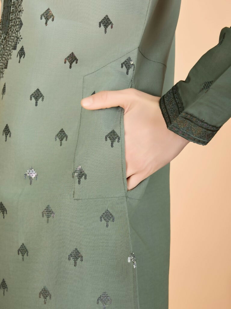 Vastranavya Ombre Green Premium Viscose Silk Thread & Sequence Embroidery work Kurta | Grocsy