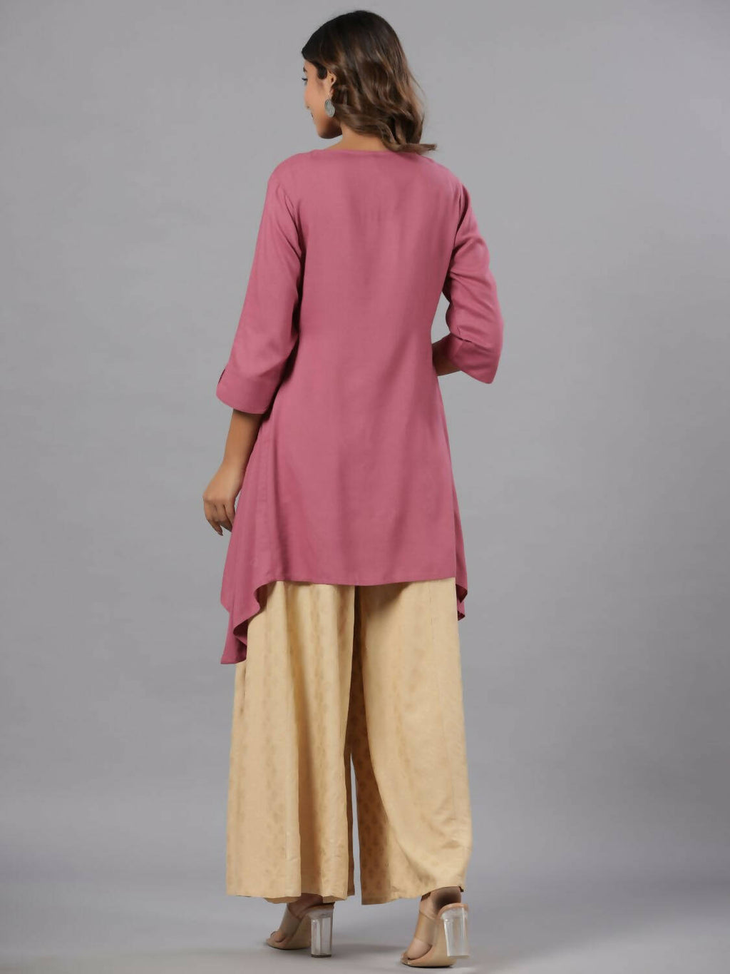 Juniper Women Mauve Rayon Solid Asymmetric Kurta | Grocsy