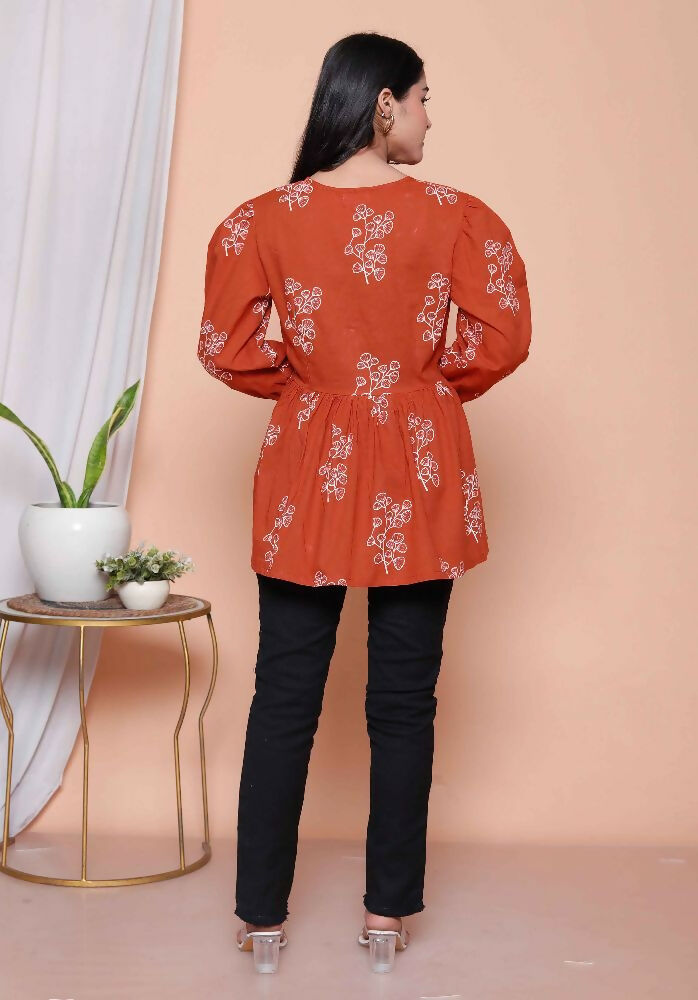Miravan Womens Rust Floral Printed Balloon Sleeves V Neck Butterfly Top | Grocsy