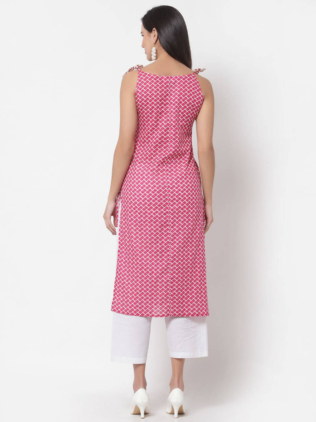 Myshka Women's Pink Printed Sleeveless Cotton Round Neck Dress | Grocsy