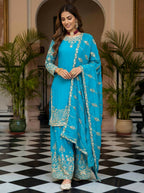 Teeya Creation Sky Chinon Silk Designer Wedding Wear Embroidery Work Palazzo | Grocsy