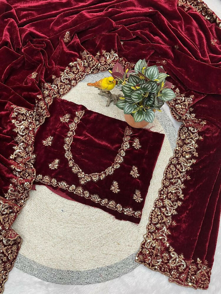 Joban Fashion Maroon 9000 Velvet Party Wear Sarees | Grocsy