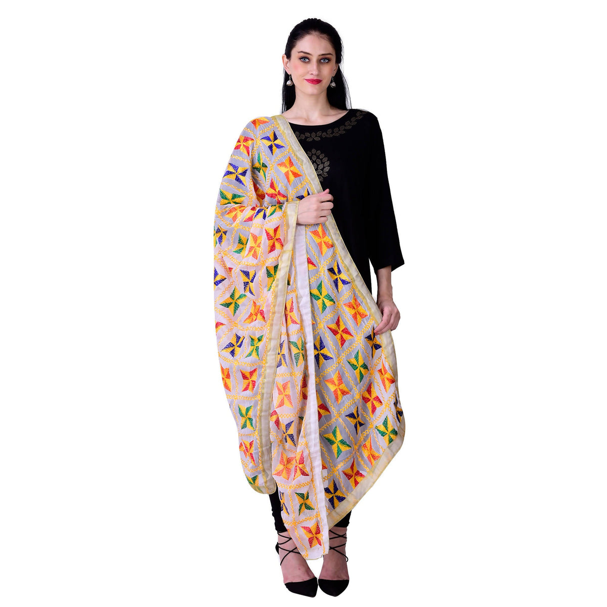 SWI Stylish Women's Embroidered Phulkari Chiffon White Dupatta | Grocsy