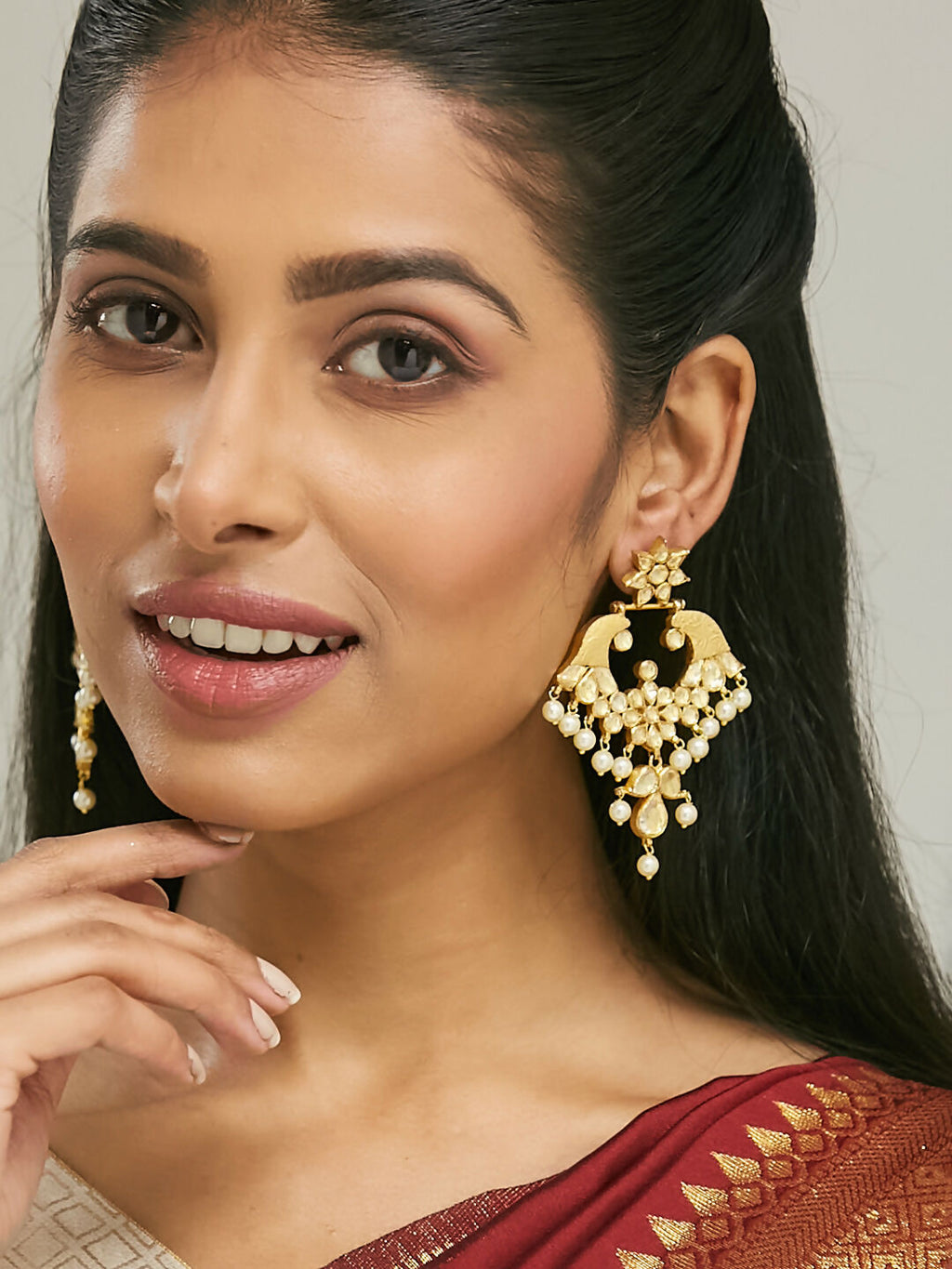 Nuyug 22K Gold-Plated Kundan and Pearl Earrings with Floral Stud and Intricate Crescent Design Chandbalis | Grocsy