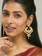 Nuyug 22K Gold-Plated Kundan and Pearl Earrings with Floral Stud and Intricate Crescent Design Chandbalis | Grocsy