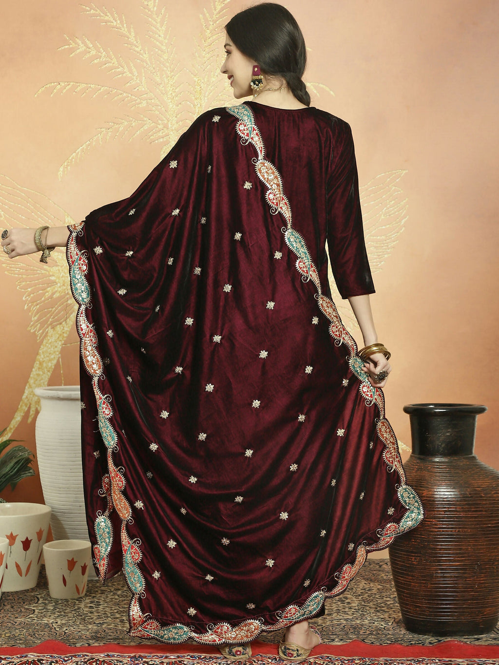 Jyoti Fashion Women's Maroon Velvet Cording with Resham Thread & Sequin Kurta with Trouser & Dupatta | Grocsy