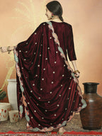 Jyoti Fashion Women's Maroon Velvet Cording with Resham Thread & Sequin Kurta with Trouser & Dupatta | Grocsy