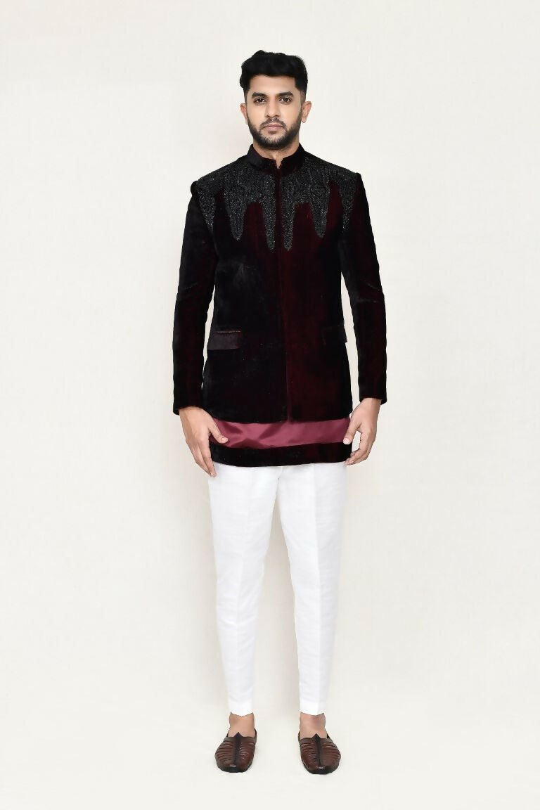 Joban Fashion Maroon Colored Satin Silk Fabric Open Prince Coat, Kurta With Straight Fit Pant | Grocsy
