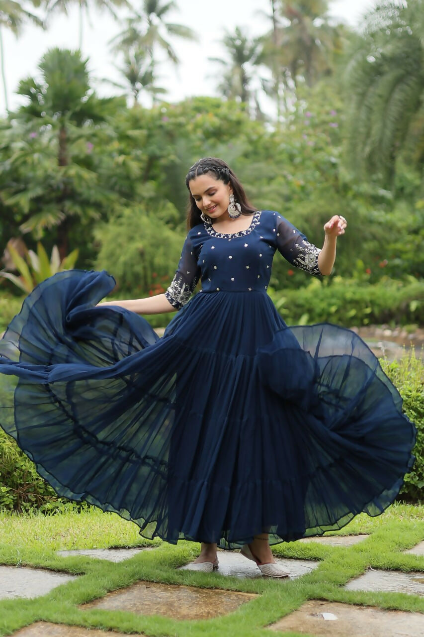 Vastranavya Premium Designer Faux Blooming with Embroidery Zari Sequins work Gown - Navy Blue | Grocsy