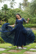 Vastranavya Premium Designer Faux Blooming with Embroidery Zari Sequins work Gown - Navy Blue | Grocsy