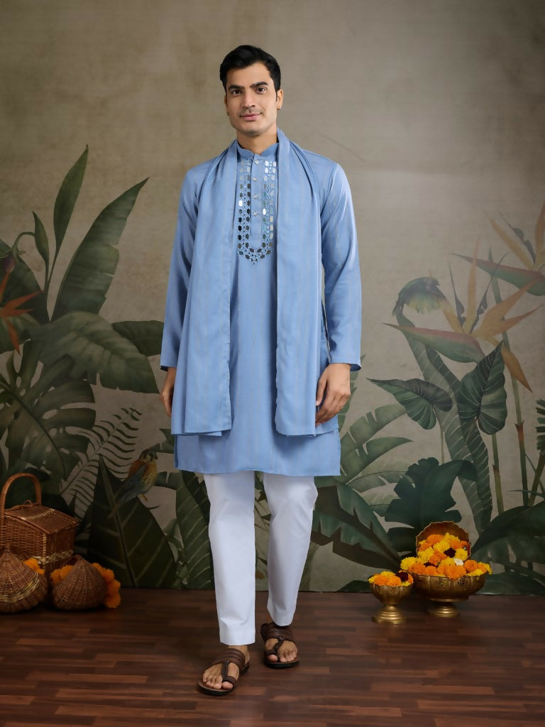 Vastranavya Light Blue Exclusive Viscose Silk Festival Wear Real Mirror Work Kurta with Dupatta | Grocsy