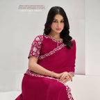 Pink Crepe Satin Silk Sequence Saree With Unstitched Blouse Piece - Norita Saanjh | Grocsy