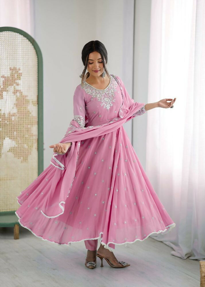 Teeya Creation Baby Pink Color Faux georgette Embroidery Work Wedding Wear Gown | Grocsy
