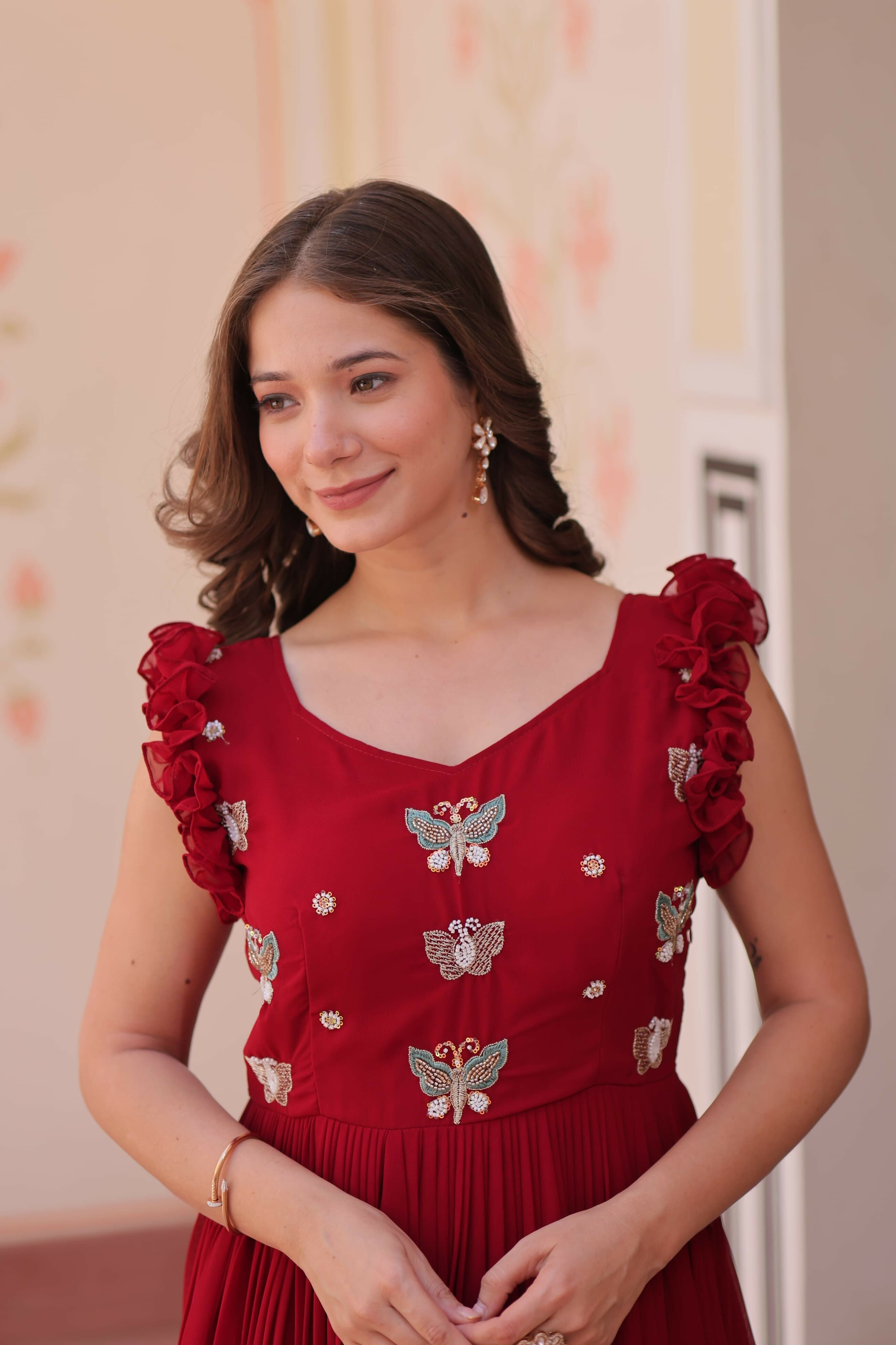 Vastranavya Maroon Faux Blooming With Sequins Multithreaded Beads Embroidered work Gown | Grocsy