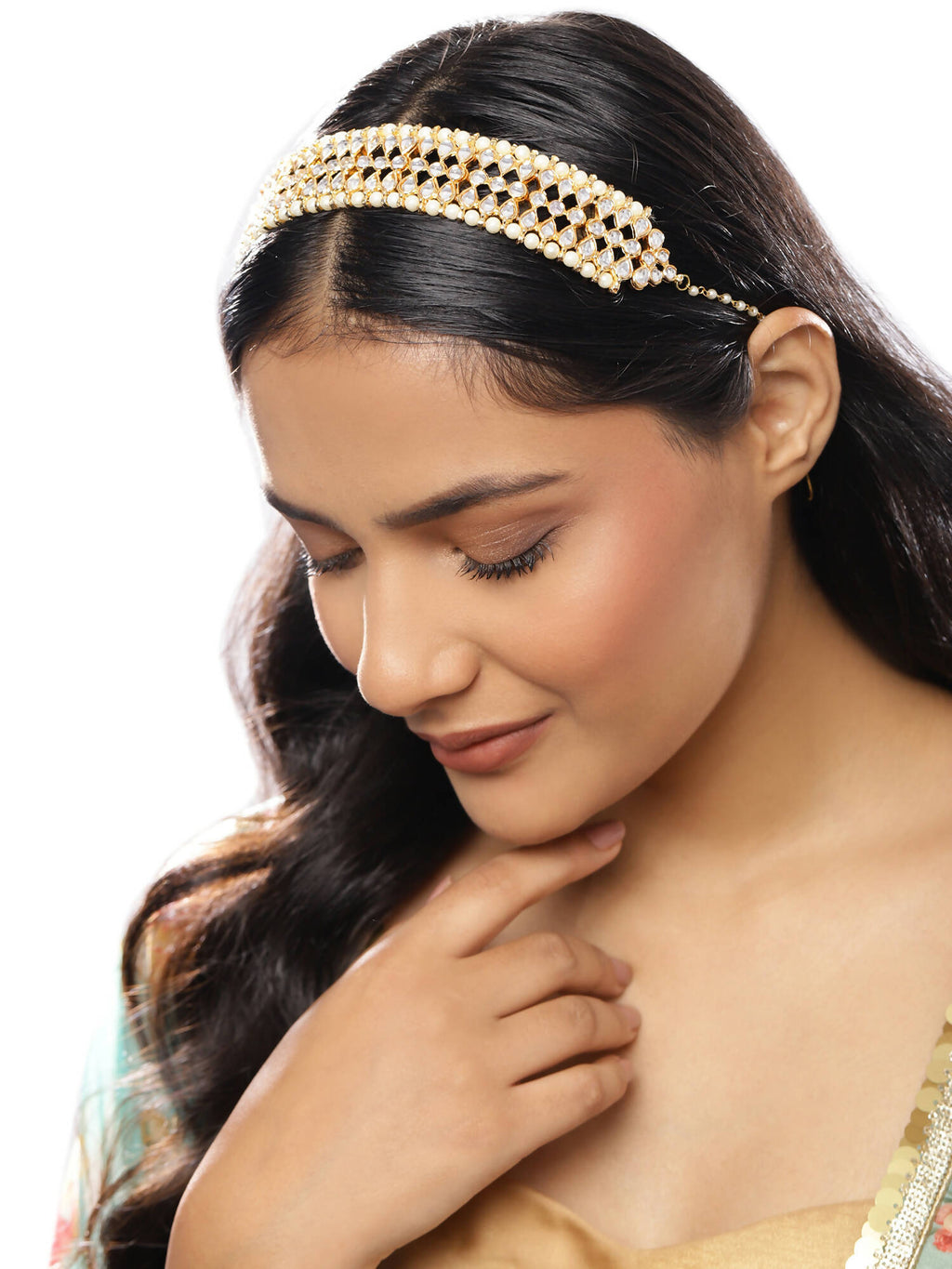 Gold-Polished White Kundan-Studded Pearl Beaded Hair Band - Ruby Raang | Grocsy