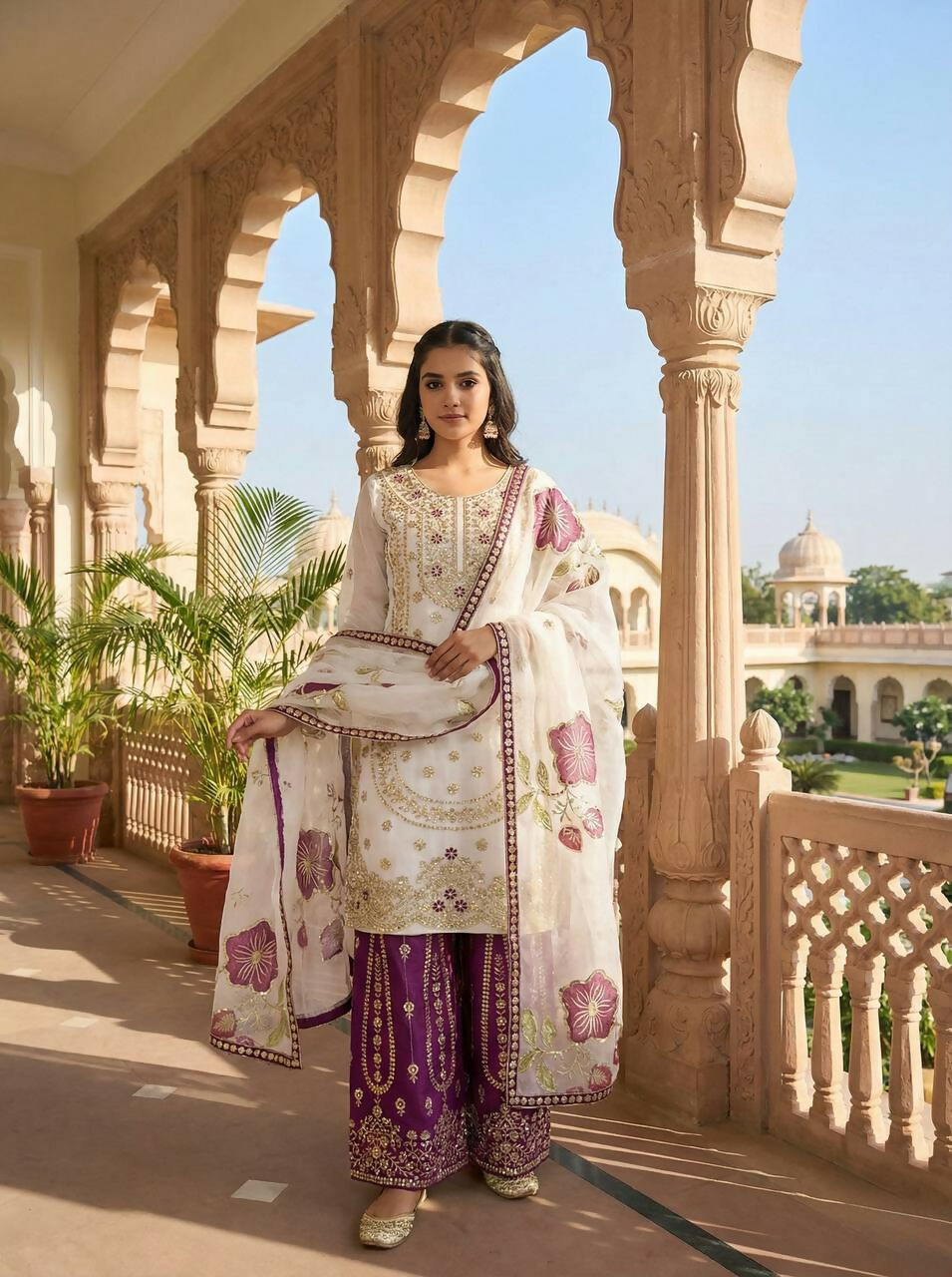 Teeya Creation Wine Gimmy Silk Designer Embroidery Work Wedding Wear Palazzo Pair | Grocsy