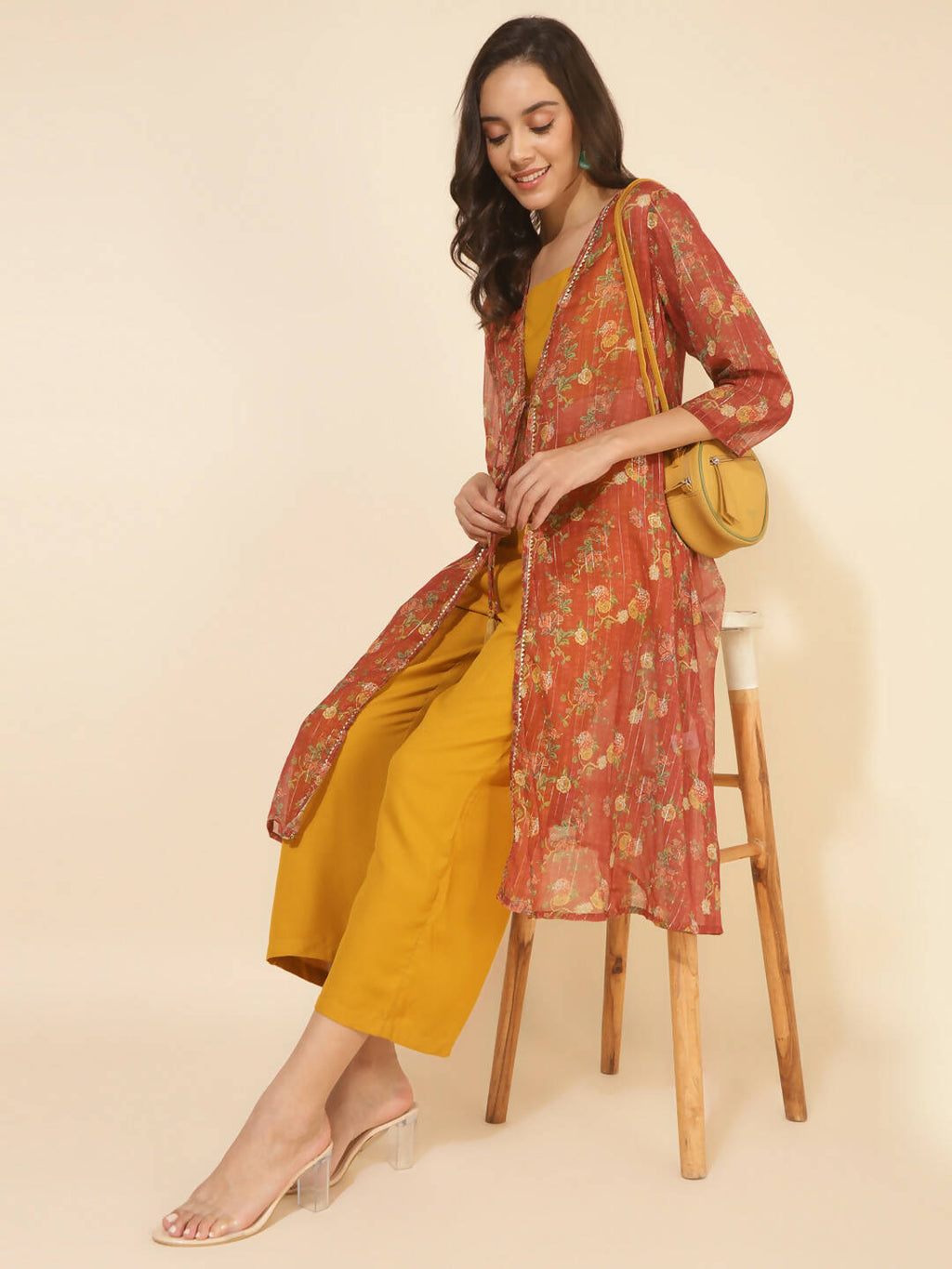 Janasya Women's Mustard Moss Solid Festive Crop Top Set | Grocsy