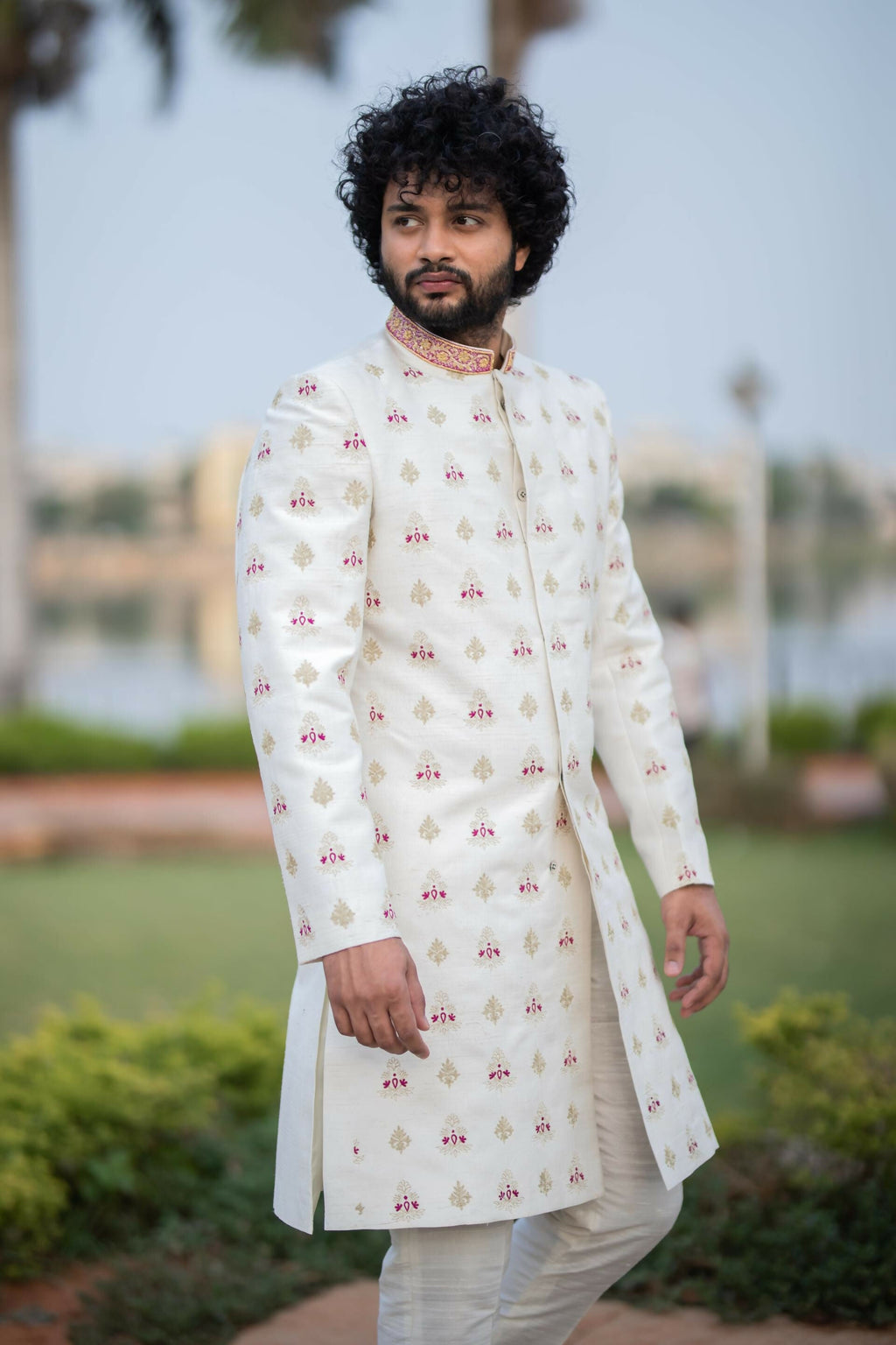 Irenic White Sherwani Set by Hilo Design | Grocsy