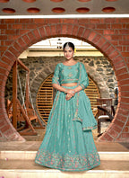 Sky Blue Chinon Crushed Sequence and Thread Embroidery Work Lehenga Choli with Dupatta - Viharini | Grocsy