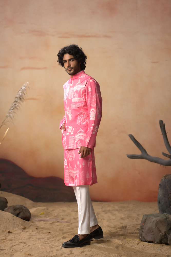 Botanical Architecture Traditional Printed Silk Nehru Jacket Set by Hilo Design | Grocsy