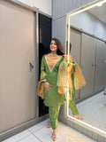 Anaita Parrot-Green Roman Shimmer Readymade Kurti Set with Designer Handwork | Grocsy