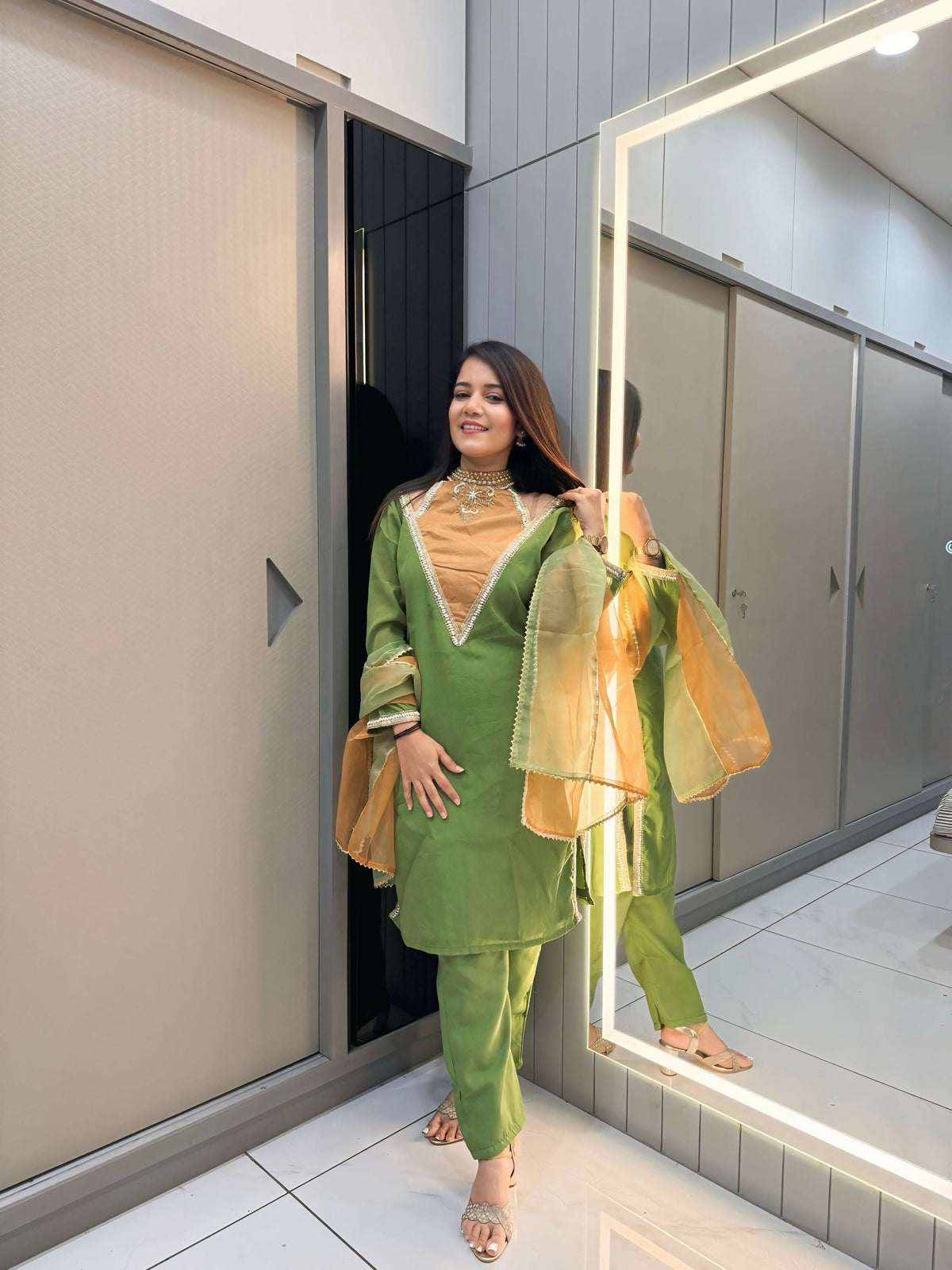 Anaita Parrot-Green Roman Shimmer Readymade Kurti Set with Designer Handwork | Grocsy