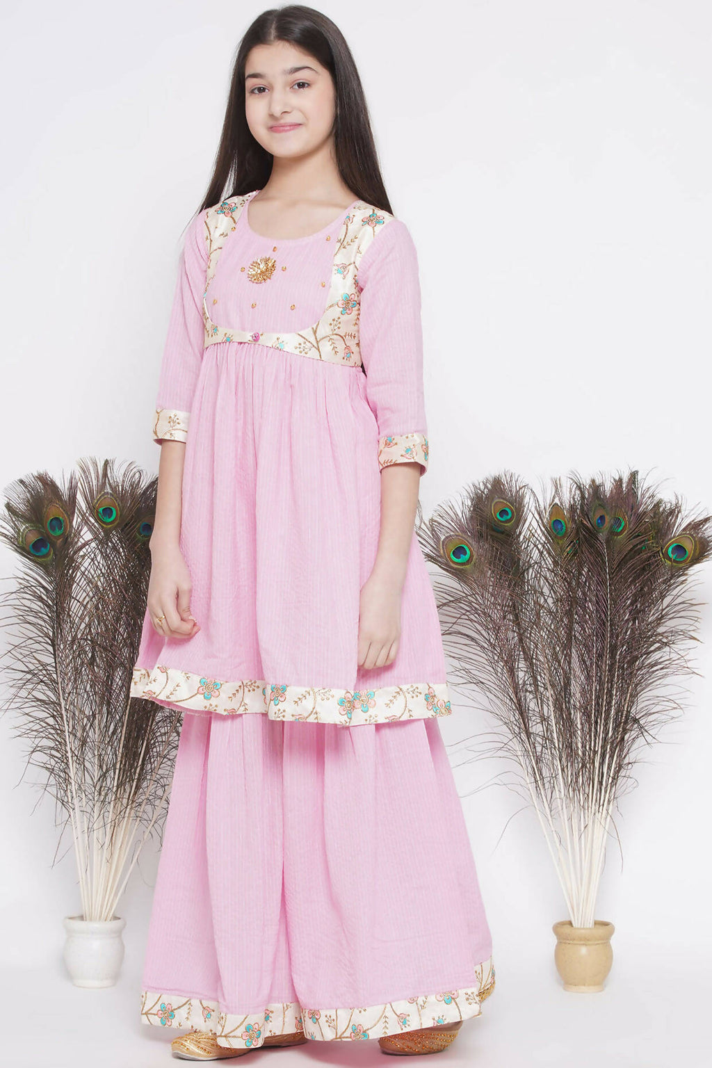 Little Bansi Floral Embroidery Jacket With Cotton Kantha Frock Sharara And Dupatta With Ghungroo Handwork - Pink | Grocsy