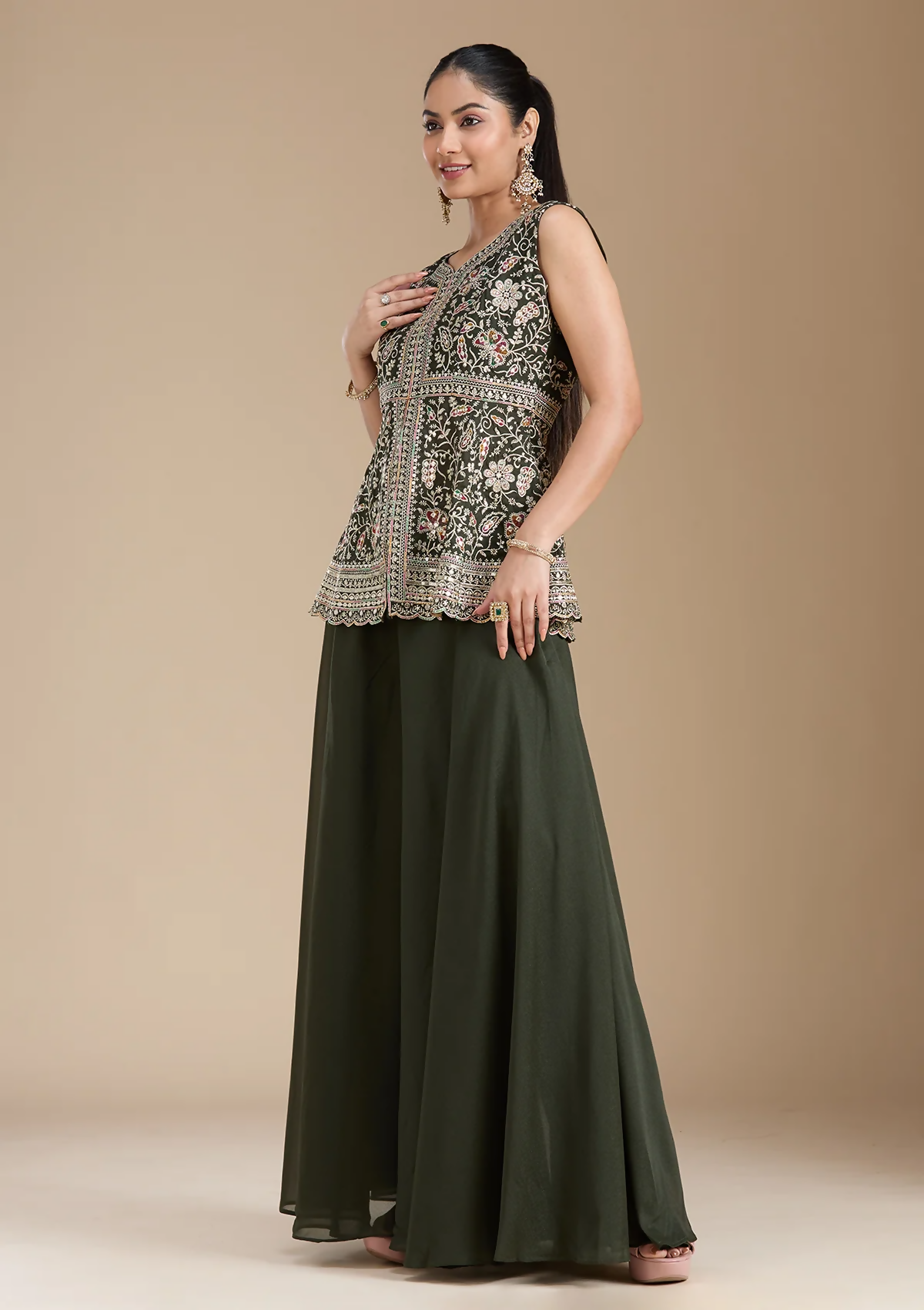 Teeya Creation Mehendi Color Star Georgette Party Wear Designer Peplum Sharara Set | Grocsy