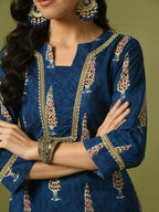 Myshka Women's Blue Printed Cotton Straight Party Kurta Set | Grocsy