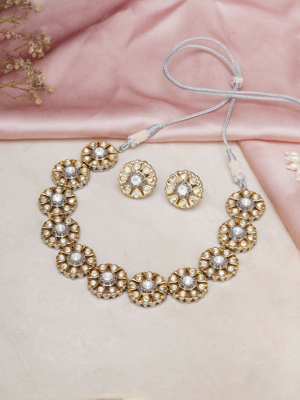 Kundan Choker with Studs Jewellery Set (silver) - Ruby Raang | Grocsy