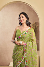 Vastranavya Mehendi Digital Printed Linen Ready To Wear Designer Saree with Unstitched Blouse | Grocsy