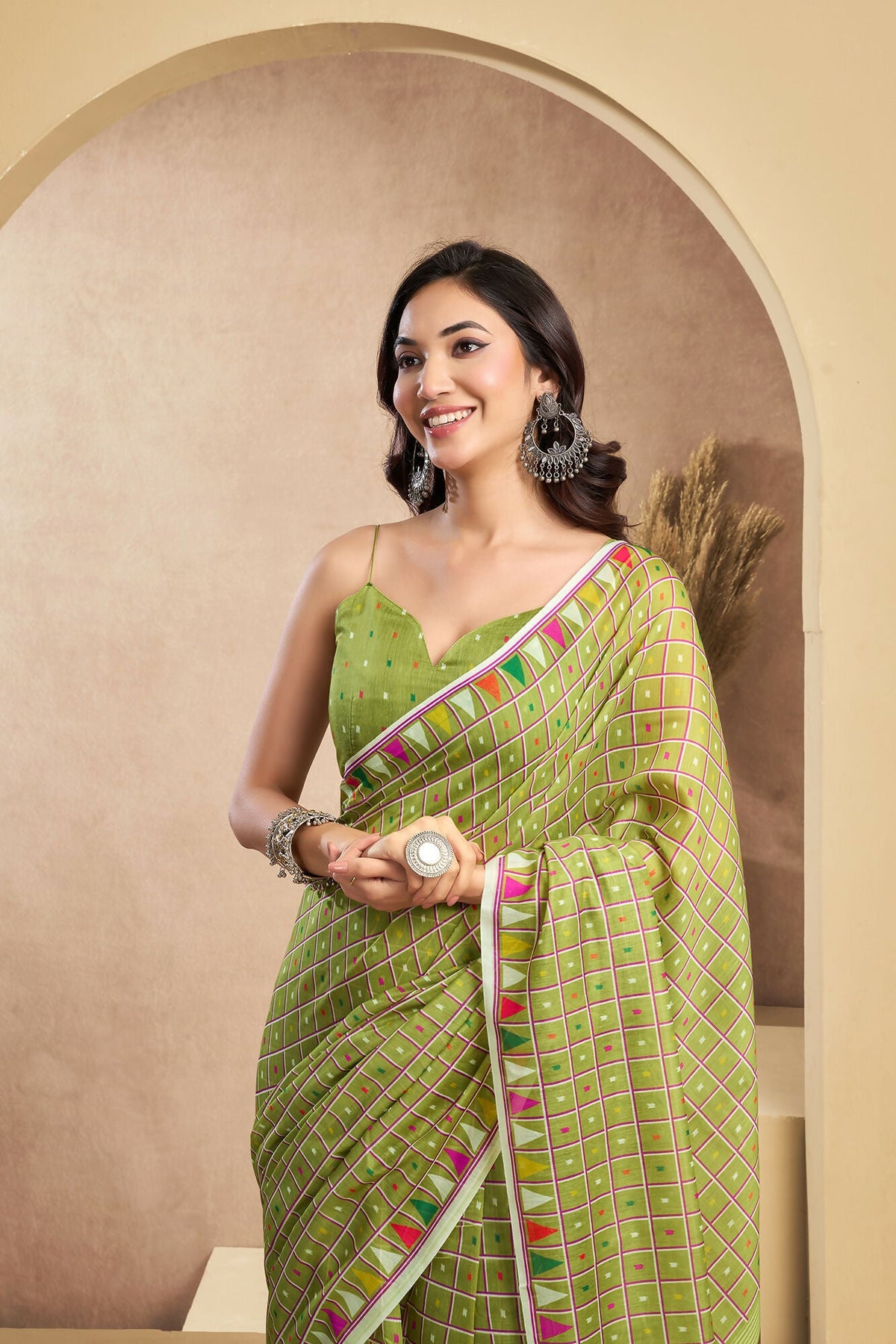 Vastranavya Mehendi Digital Printed Linen Ready To Wear Designer Saree with Unstitched Blouse | Grocsy