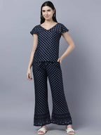 Myshka Women Navy Blue Ethnic Motifs Printed Pure Cotton Top with Palazzos | Grocsy