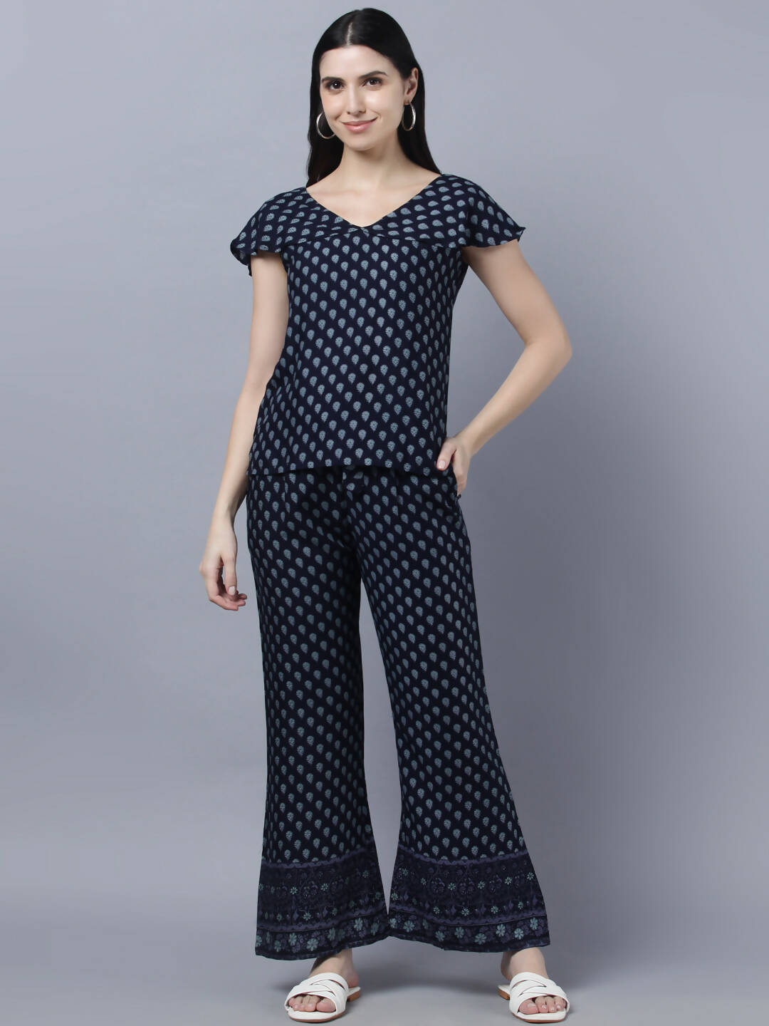 Myshka Women Navy Blue Ethnic Motifs Printed Pure Cotton Top with Palazzos | Grocsy