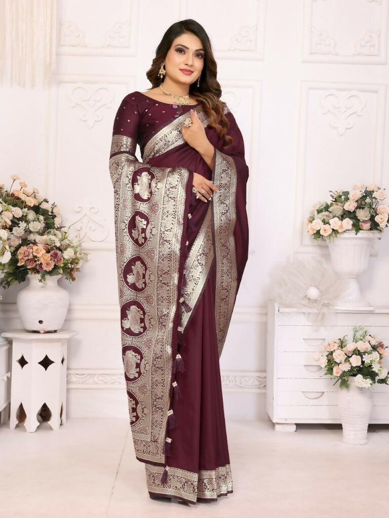 Anaita Dark Brown Banarasi Silk With Beautiful Gala Weaving Saree With Blouse | Grocsy