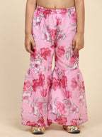 Alakhi Studio Girls Floral Georgette Printed V-Neck Kurta With Sharara - Pink | Grocsy